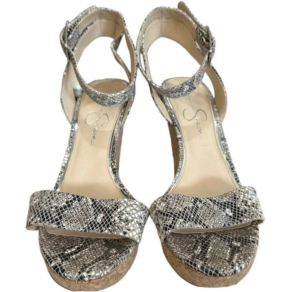 Jessica Simpson Snakeskin Cork Wedge Sandals Grey Black Ankle Strap‎ Size 7.5M